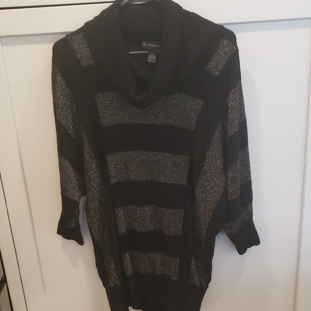 INC International Concepts Black and Glittery Silver Cowl Neck Sweater